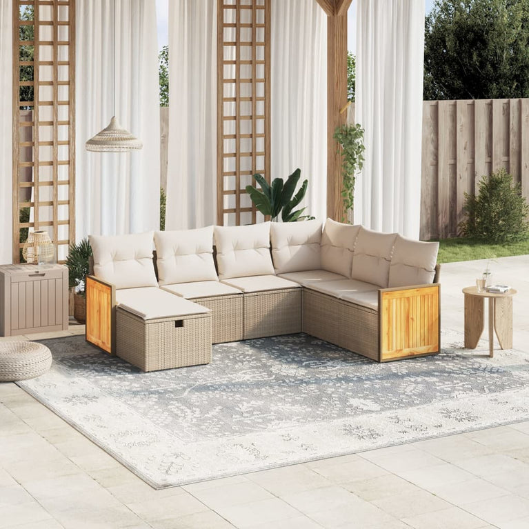 7-delige Loungeset met kussens poly rattan beige