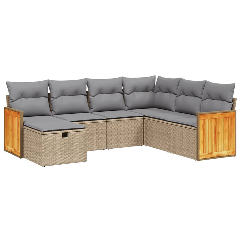 7-delige Loungeset met kussens poly rattan gemengd beige