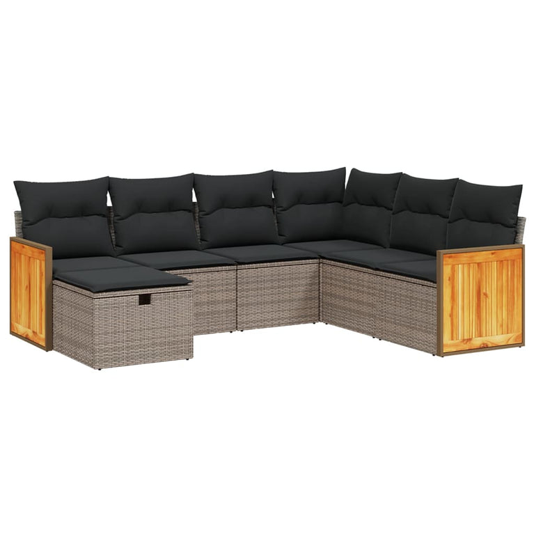 7-delige Loungeset met kussens poly rattan grijs