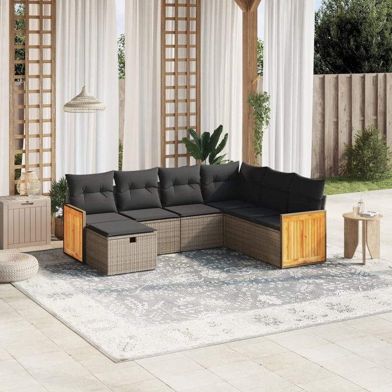 7-delige Loungeset met kussens poly rattan grijs