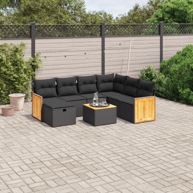 8-delige Loungeset met kussens poly rattan zwart