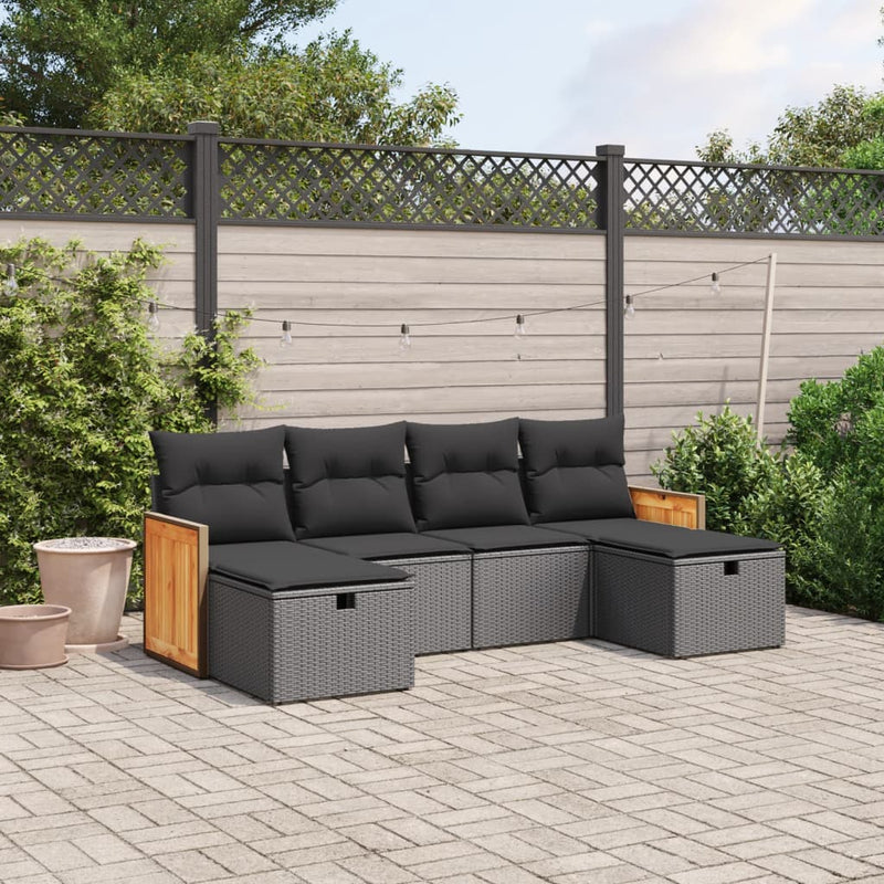 6-delige Loungeset met kussens poly rattan zwart
