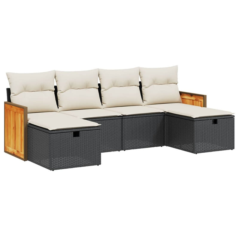 6-delige Loungeset met kussens poly rattan zwart