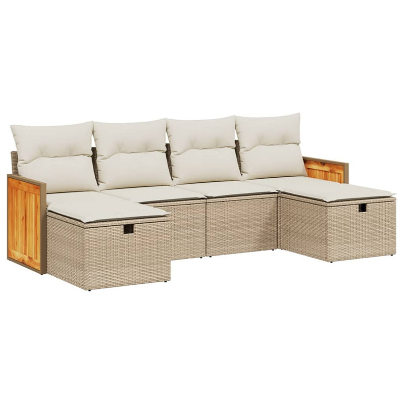 6-delige Loungeset met kussens poly rattan beige