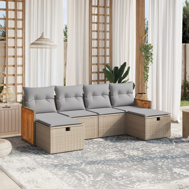 6-delige Loungeset met kussens poly rattan gemengd beige