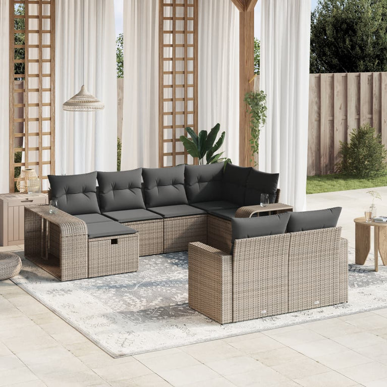 10-delige Loungeset met kussens poly rattan grijs