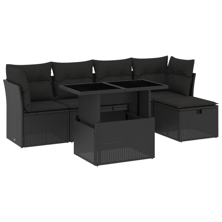 6-delige Loungeset met kussens poly rattan zwart