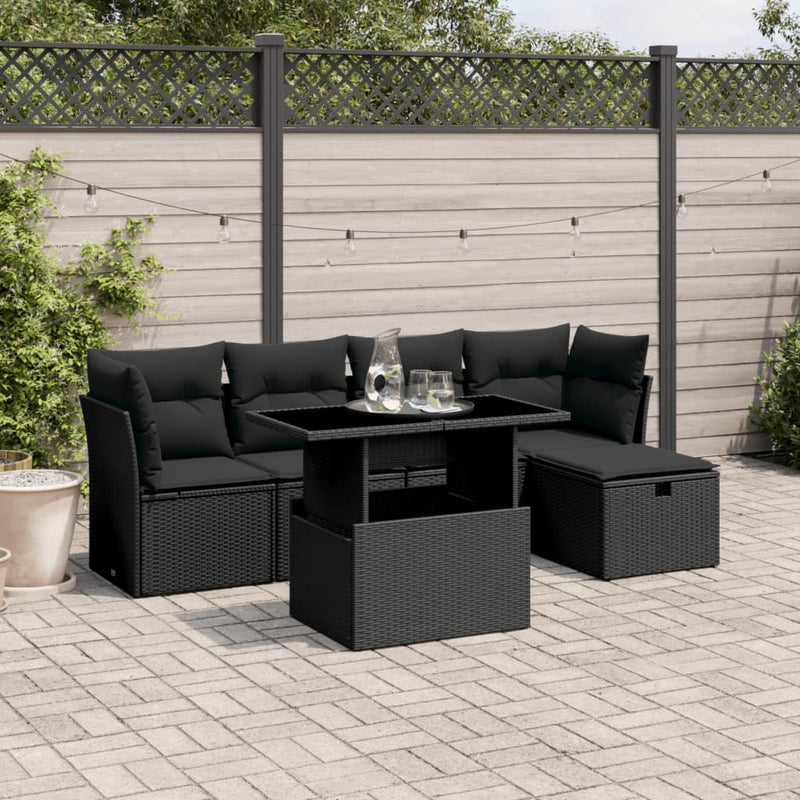 6-delige Loungeset met kussens poly rattan zwart