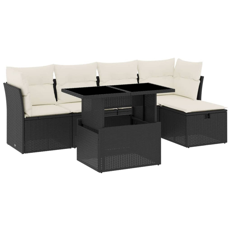 6-delige Loungeset met kussens poly rattan zwart