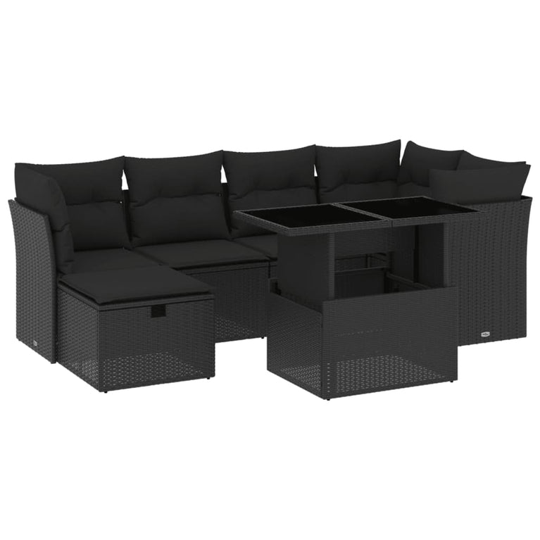 7-delige Loungeset met kussens poly rattan zwart