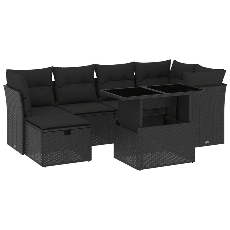 7-delige Loungeset met kussens poly rattan zwart