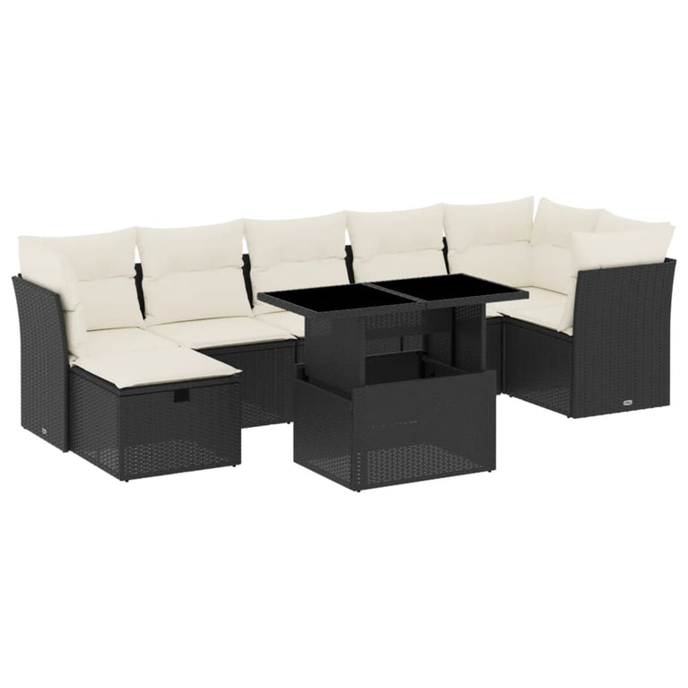 8-delige Loungeset met kussens poly rattan zwart
