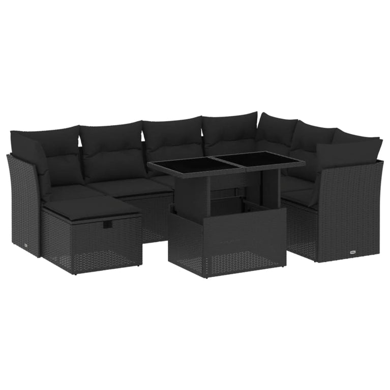8-delige Loungeset met kussens poly rattan zwart