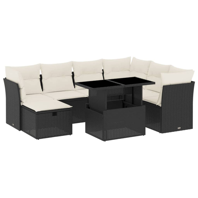 8-delige Loungeset met kussens poly rattan zwart