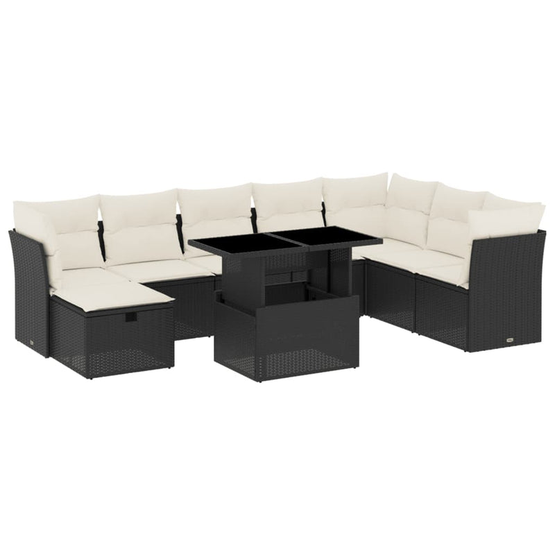 9-delige Loungeset met kussens poly rattan zwart
