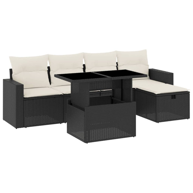 6-delige Loungeset met kussens poly rattan zwart