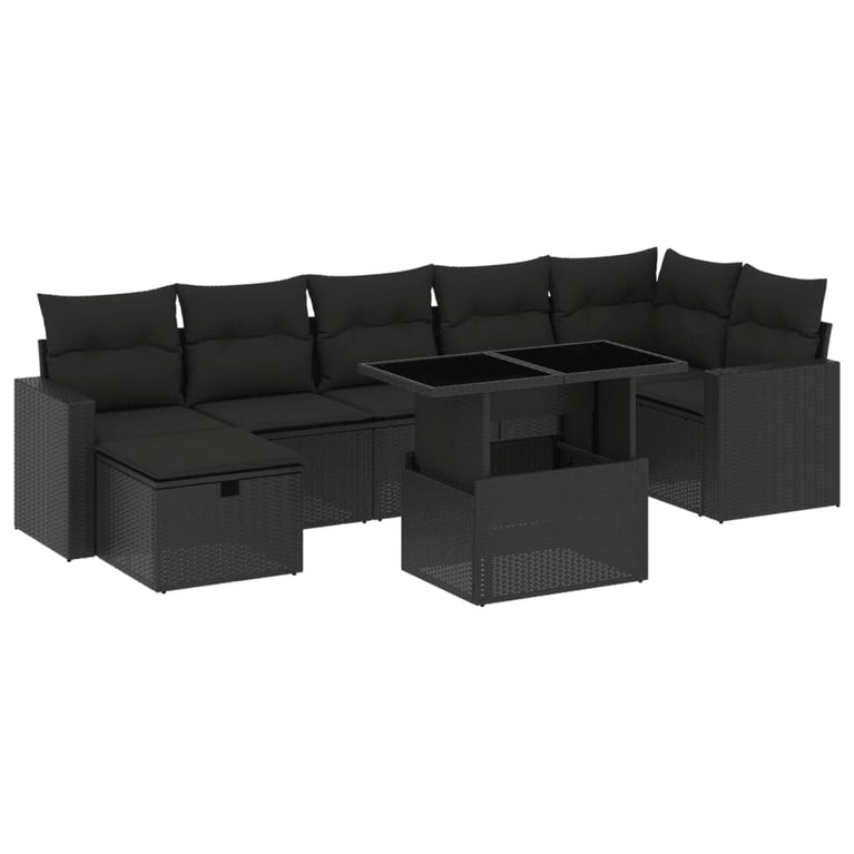 8-delige Loungeset met kussens poly rattan zwart