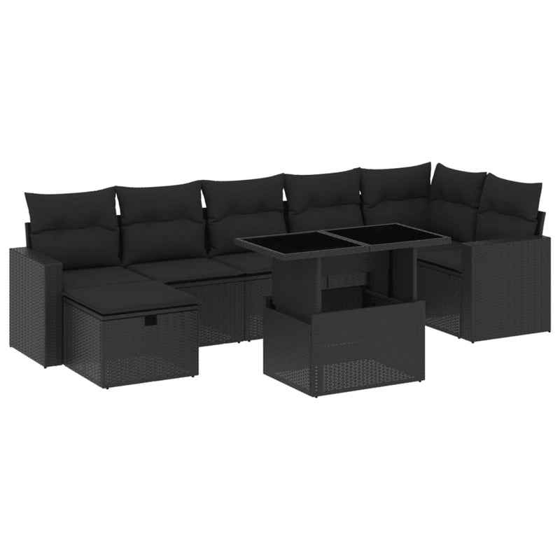 8-delige Loungeset met kussens poly rattan zwart