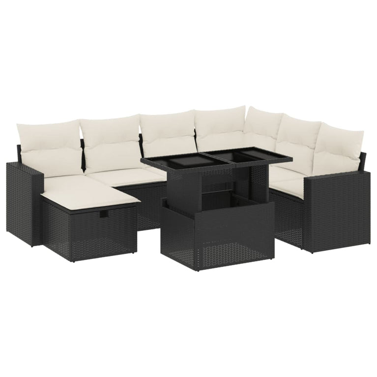 8-delige Loungeset met kussens poly rattan zwart