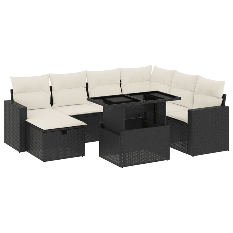 8-delige Loungeset met kussens poly rattan zwart