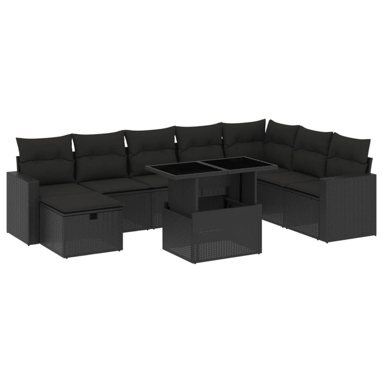 9-delige Loungeset met kussens poly rattan zwart