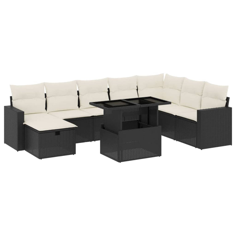 9-delige Loungeset met kussens poly rattan zwart