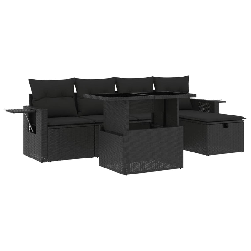 6-delige Loungeset met kussens poly rattan zwart