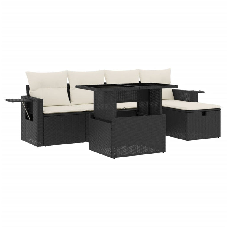 6-delige Loungeset met kussens poly rattan zwart