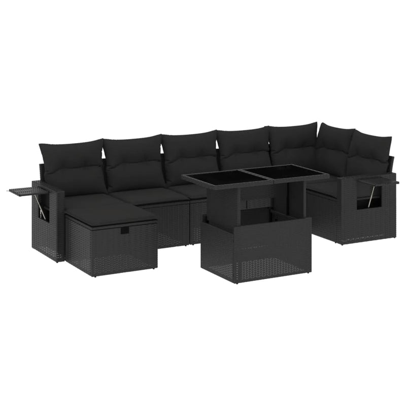 8-delige Loungeset met kussens poly rattan zwart