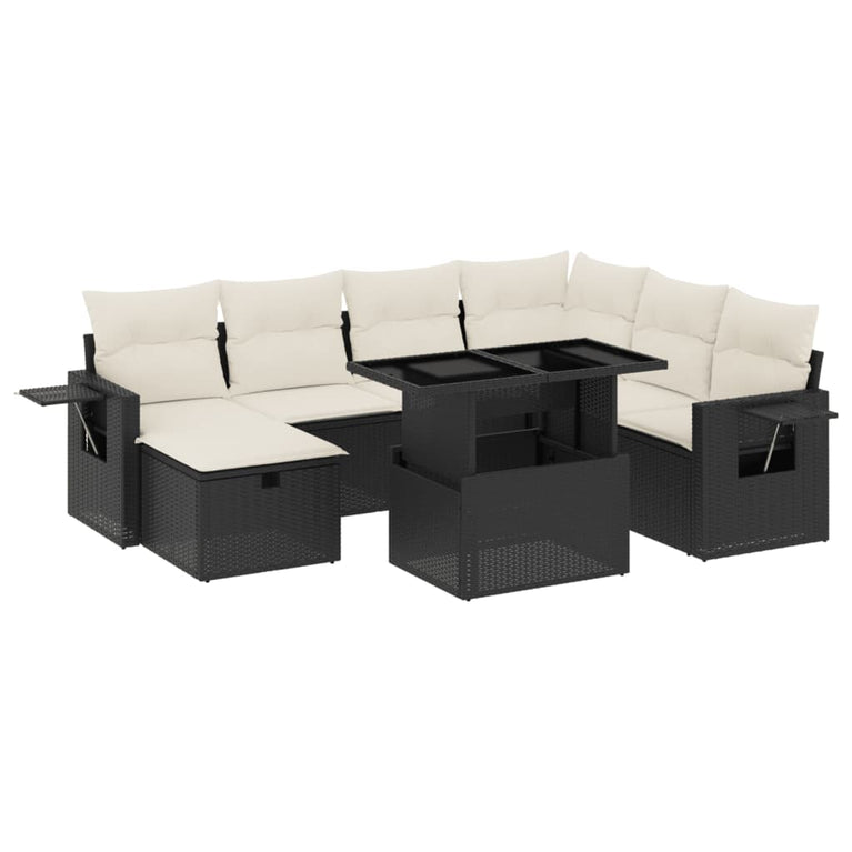 8-delige Loungeset met kussens poly rattan zwart