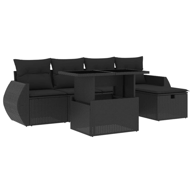 6-delige Loungeset met kussens poly rattan zwart
