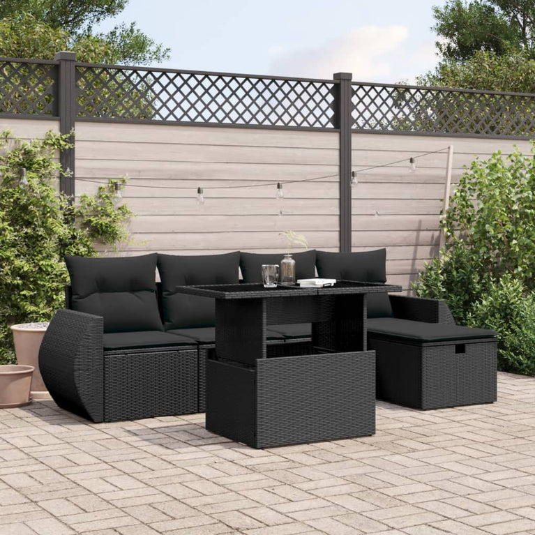 6-delige Loungeset met kussens poly rattan zwart