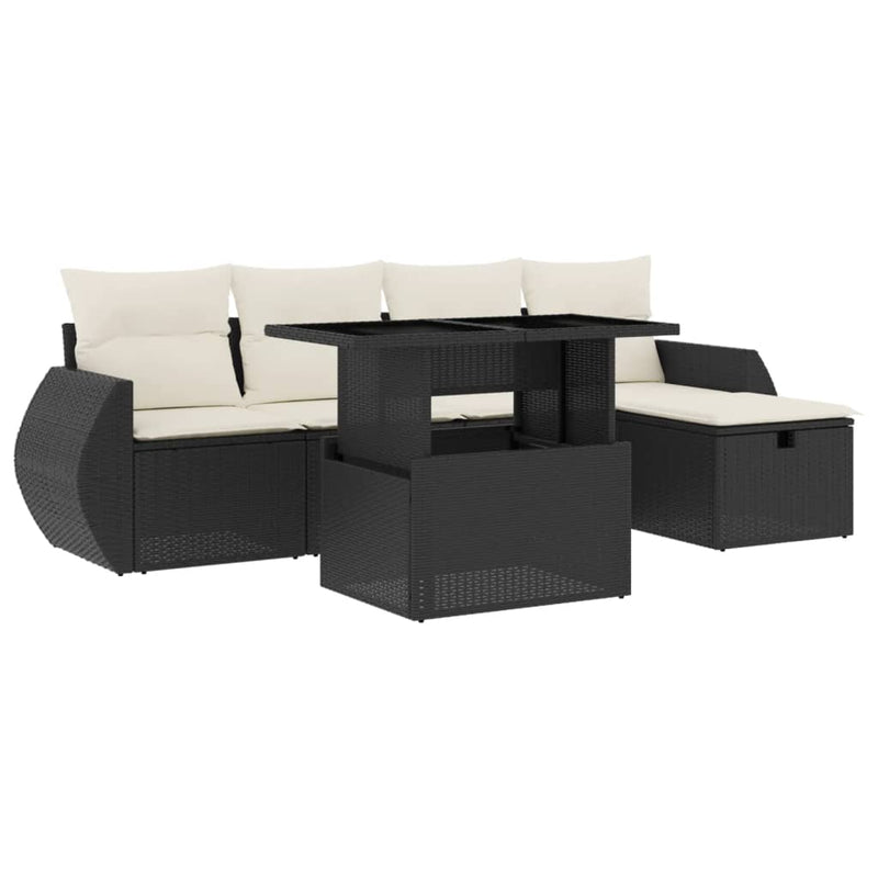 6-delige Loungeset met kussens poly rattan zwart