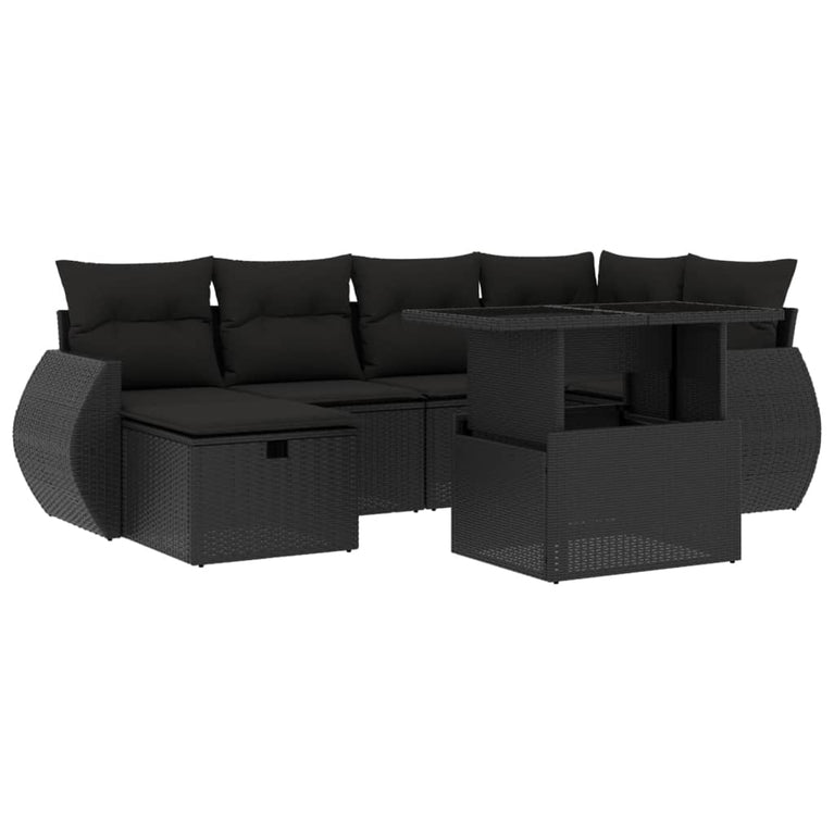 7-delige Loungeset met kussens poly rattan zwart