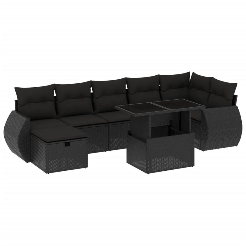 8-delige Loungeset met kussens poly rattan zwart