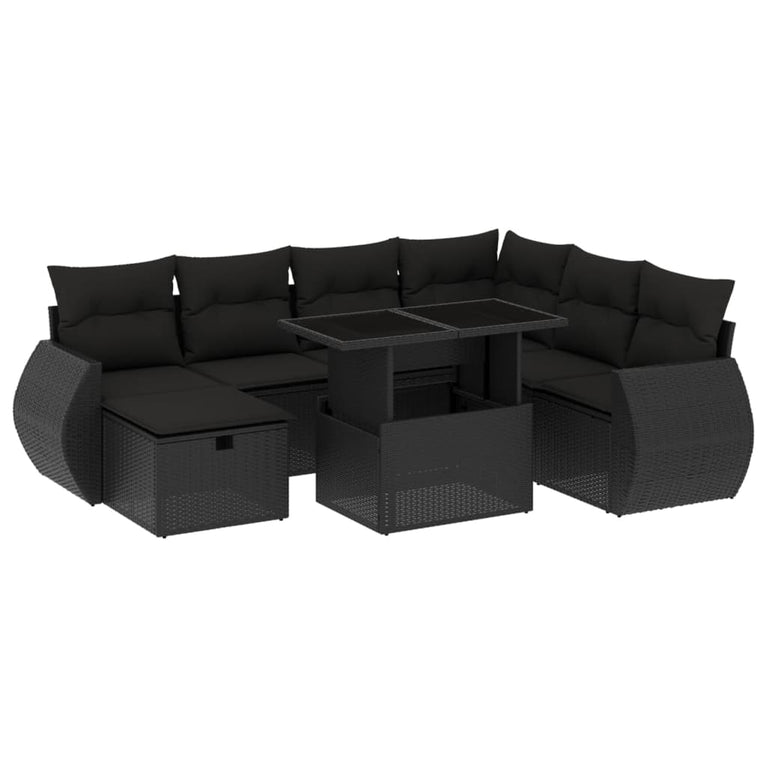 8-delige Loungeset met kussens poly rattan zwart