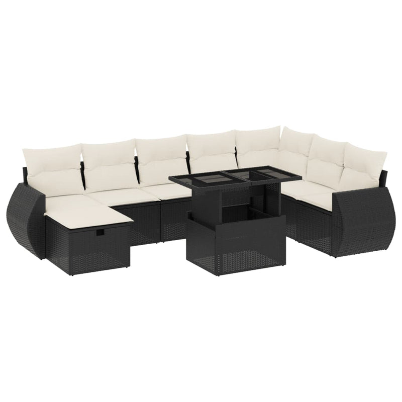 9-delige Loungeset met kussens poly rattan zwart