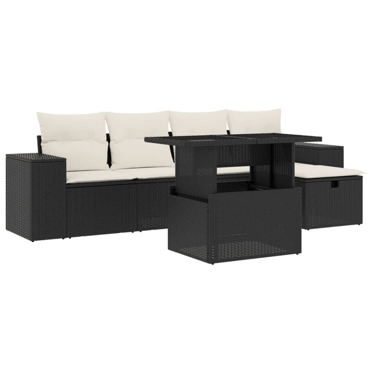 6-delige Loungeset met kussens poly rattan zwart