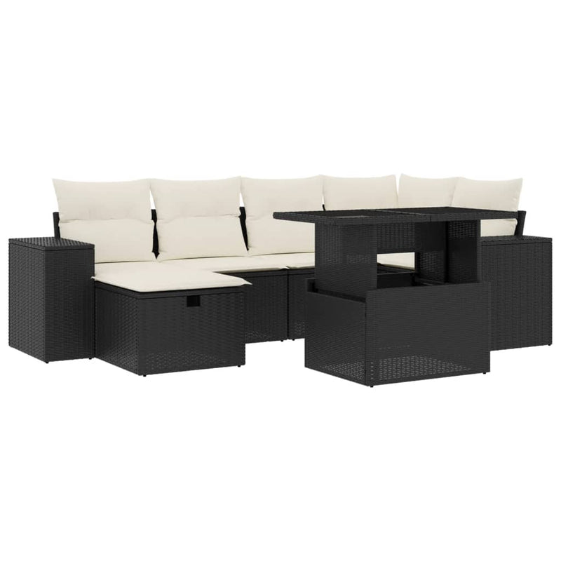 7-delige Loungeset met kussens poly rattan zwart