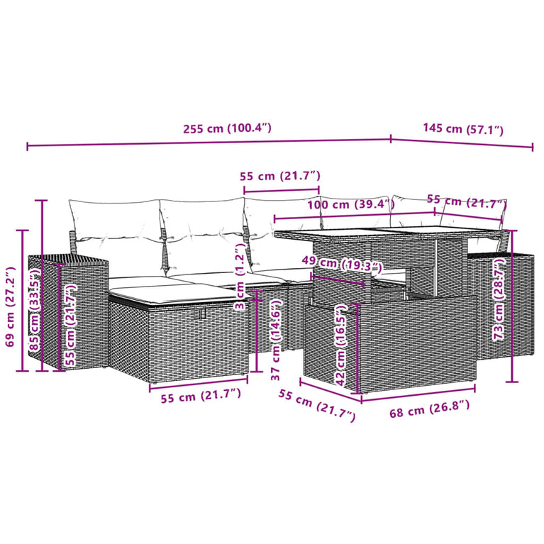 7-delige Loungeset met kussens poly rattan zwart