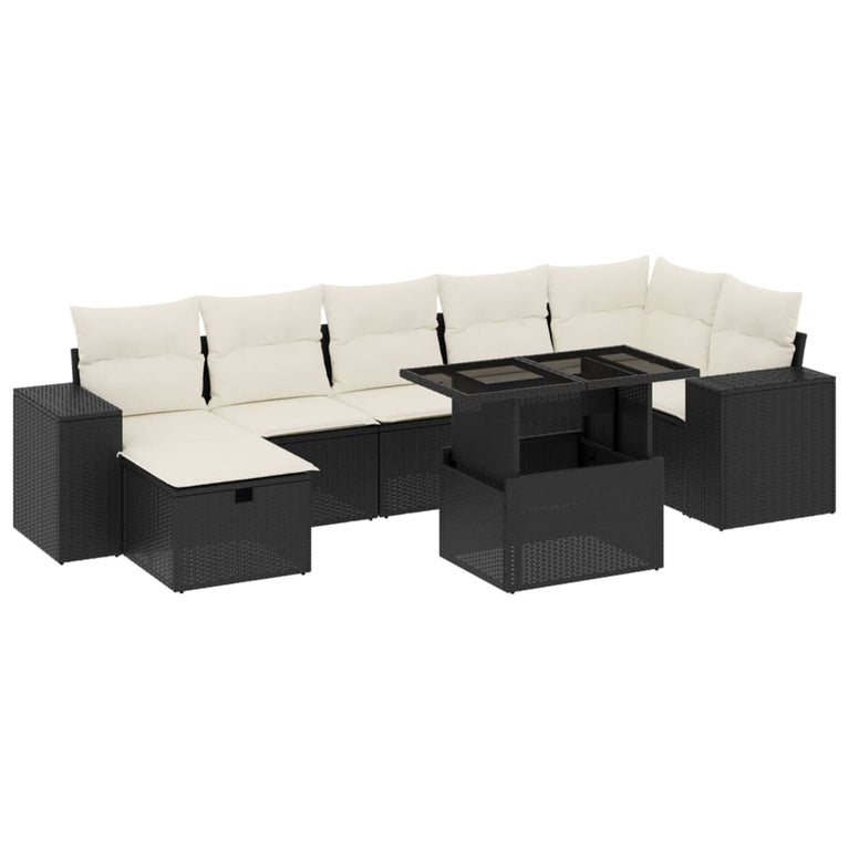 8-delige Loungeset met kussens poly rattan zwart
