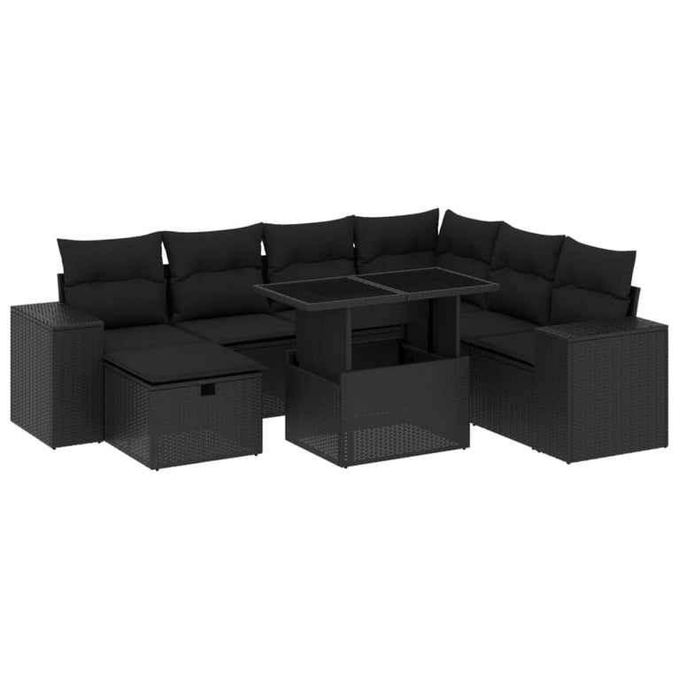 8-delige Loungeset met kussens poly rattan zwart