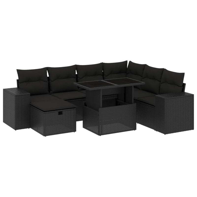 8-delige Loungeset met kussens poly rattan zwart