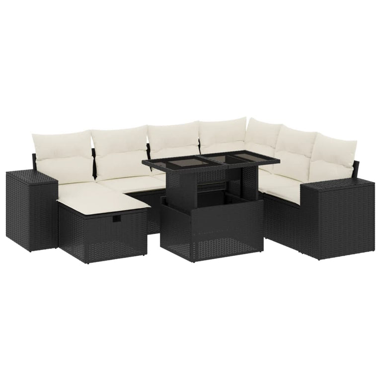 8-delige Loungeset met kussens poly rattan zwart