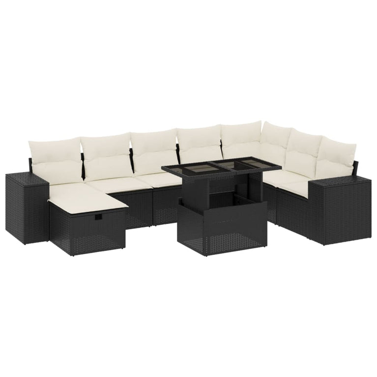 9-delige Loungeset met kussens poly rattan zwart