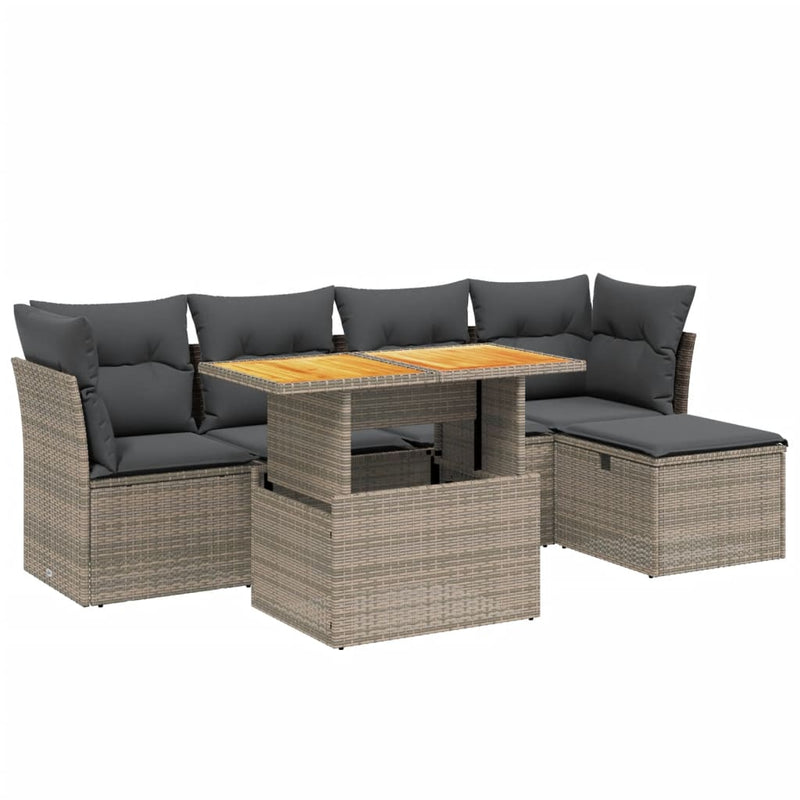 6-delige Loungeset met kussens poly rattan grijs