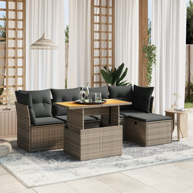 6-delige Loungeset met kussens poly rattan grijs