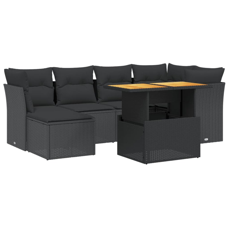7-delige Loungeset met kussens poly rattan zwart