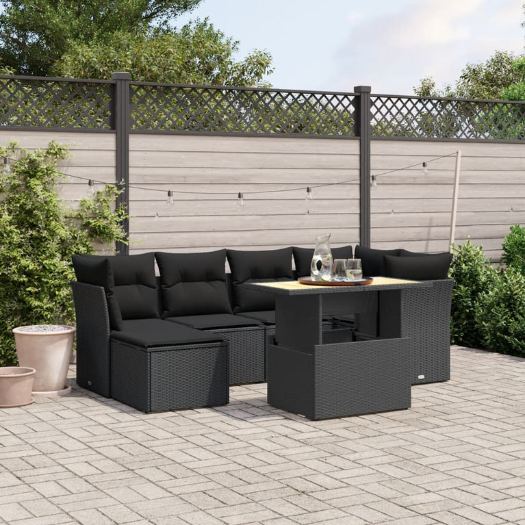 7-delige Loungeset met kussens poly rattan zwart