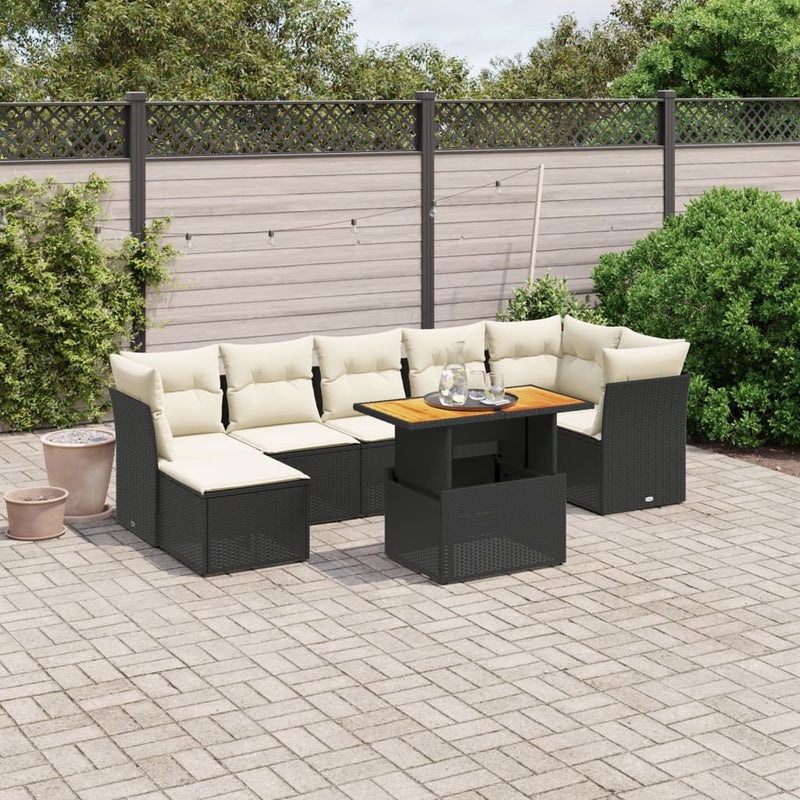 8-delige Loungeset met kussens poly rattan zwart